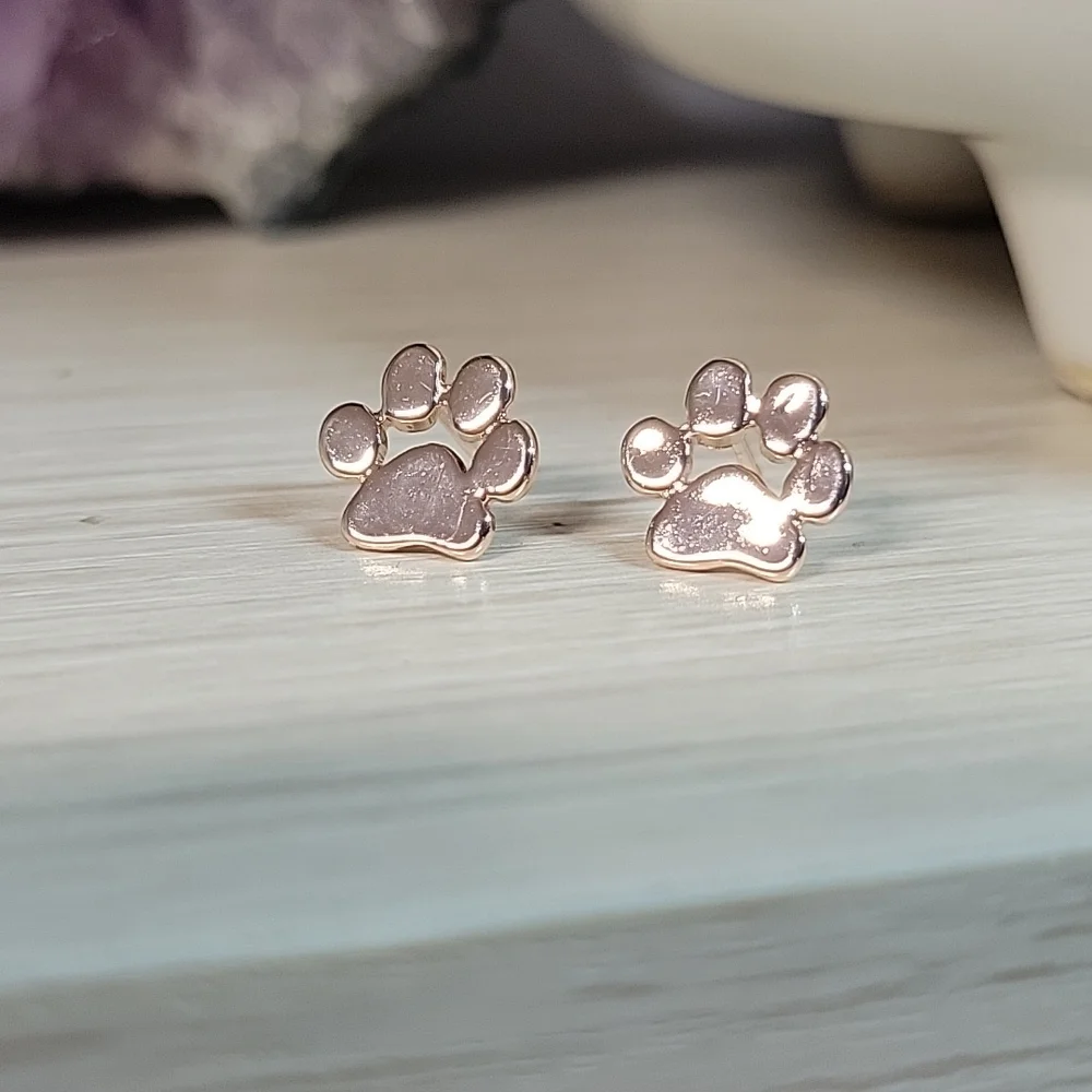 Rose Gold Pawprint Stud Earrings - Picture 6 of 7